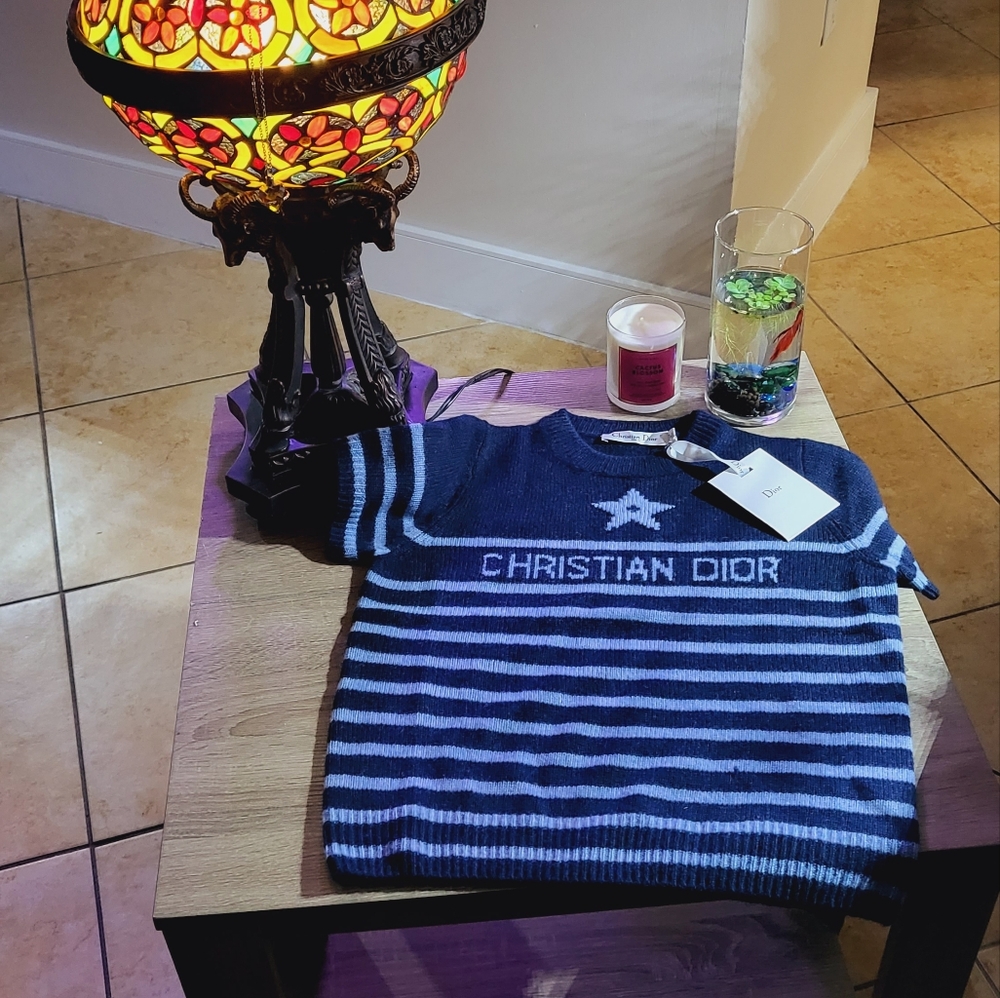 CHRISTIAN DIOR' SHORT-SLEEVED SWEATER Navy Blue 100% Cashmere, Size Woman's 6
